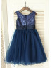 Navy Blue Sequin Tulle Curly Hem Knee Length Flower Girl Dress